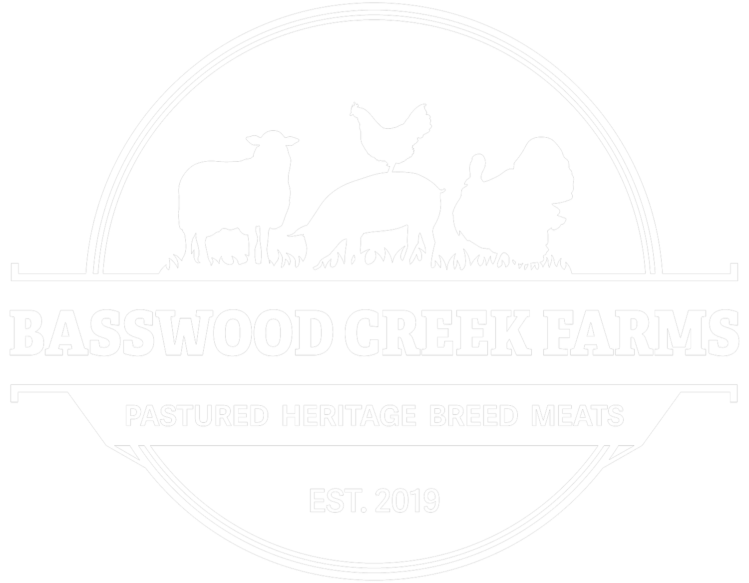 BasswoodCreekFarms_Logo_White Logo of Basswood Creek Farms featuring silhouettes of a sheep, pig, chicken, and turkey, emphasizing their focus on pastured heritage breed meats, established in 2019.